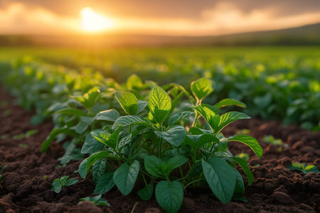Pepper seedlings growing on a field at sunset. Agricultural landscape.の素材