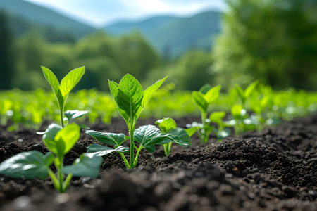 Pepper seedlings growing in soil, closeup. Organic farmingの素材