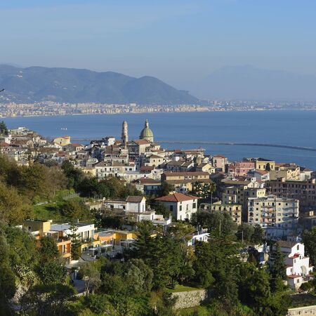 overview of Vietri sul Mare with cathedralの写真素材