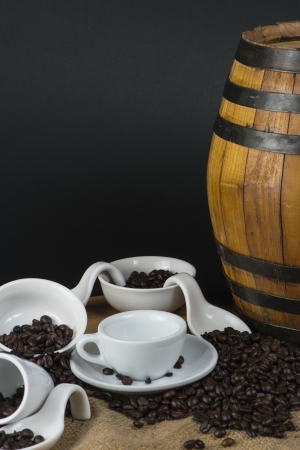 coffee beans and cups whiteの写真素材