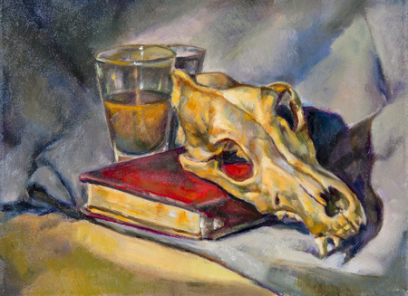 composition of a book, a glass and a skeletonの写真素材