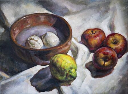 fruit composition painted with oil paintの写真素材