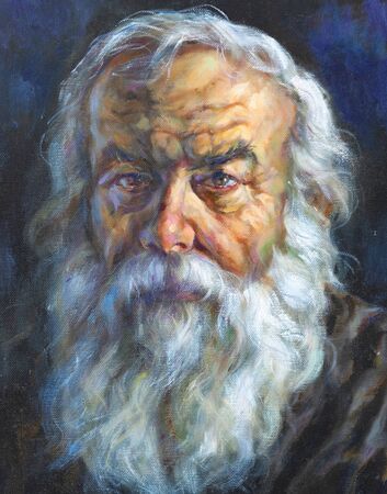 oil on canvas of old man with white beard and hairの写真素材