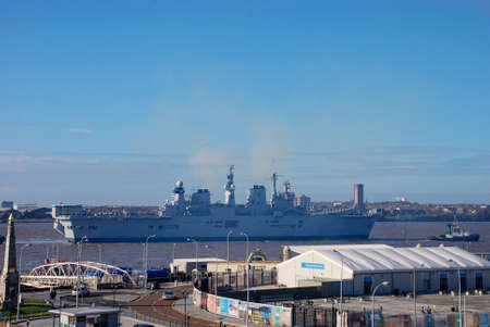 The Royal Navy light aircraft carrier HMS Illustrious (R06) in Liverpool, UK