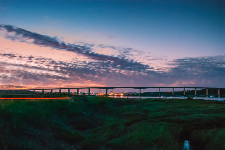 Sunset over the Orwell Bridge near Ipswich, UKの写真素材