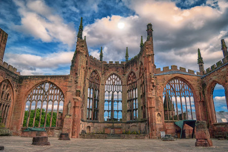 The ruins of Coventry Cathedral that was destroyed during bombing raids on the city in 1940.のeditorial素材