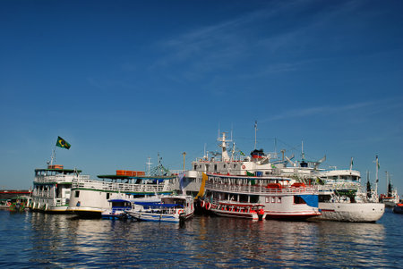 Amazon river boats docked at the Port of Manaus on the Rio Negro, Brazilのeditorial素材