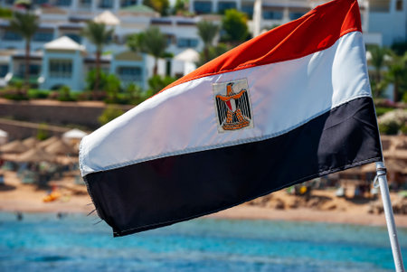 An Egyptian flag flying on a dive boat in the Red Seaの写真素材