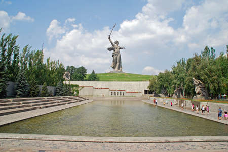 The giant statue "The Motherland Calls" at Mamayev Kurgan overlooking the River Volga in Volgograd, Russiaのeditorial素材