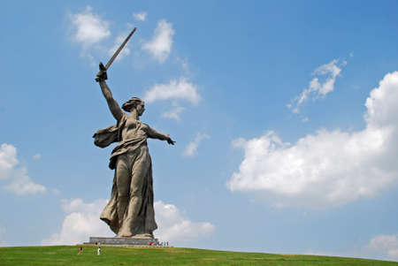 The giant statue "The Motherland Calls" at Mamayev Kurgan overlooking the River Volga in Volgograd, Russiaのeditorial素材