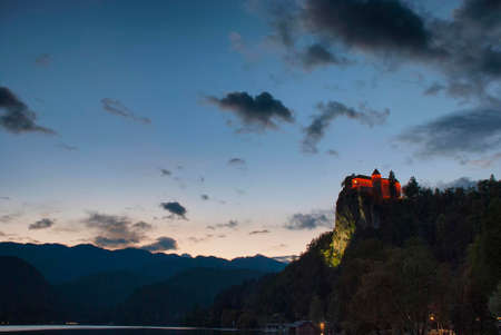 Bled Castle at night overlooking Lake Bled in Sloveniaのeditorial素材