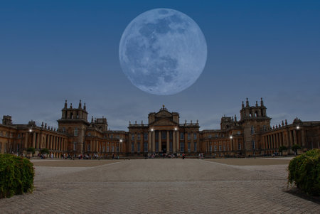 A full moon over the magnificent Blenheim Palace in Oxfordshire, UKのeditorial素材