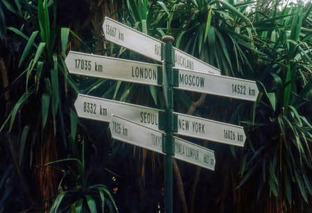 The international destination distance sign in Fitzroy Gardens in the Kings Cross area of Sydney,...