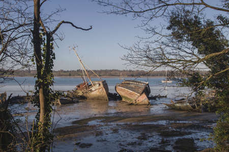The remains of old boats on the River Orwell at Pin Mill, Suffolk, UKの写真素材