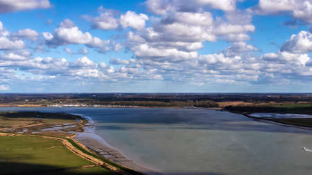 An aerial view of the River Orwell near Pin Mill in Suffolk, UKの写真素材