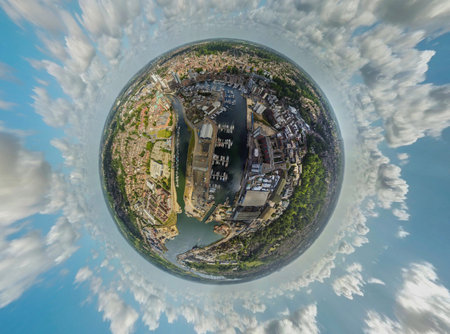 A tiny planet view of the Wet Dock in Ipswich, Suffolk, UK