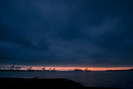 Sunrise over the Port of Felixstowe in Suffolk, UKの写真素材