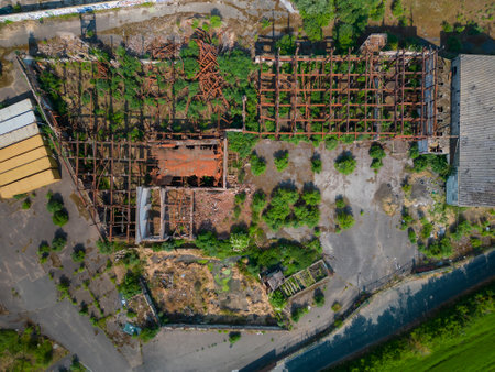 An aerial view of an abandoned factory near Ipswich in Suffolk, UKの写真素材
