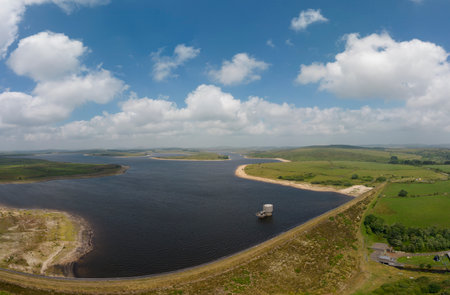An aerial view of Colliford Lake on Bodmin Moor, Cornwall, UKの写真素材