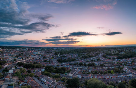 An aerial photo of Ipswich, Suffolk, UK at sunset