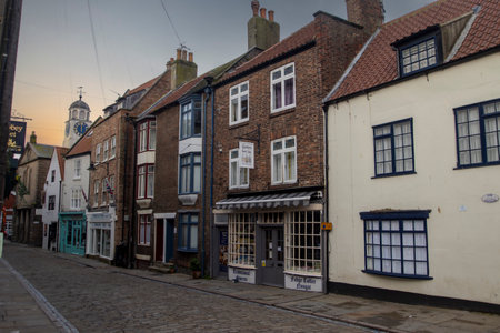 The narrow historic streets of Whitby in North Yorkshire, UKのeditorial素材