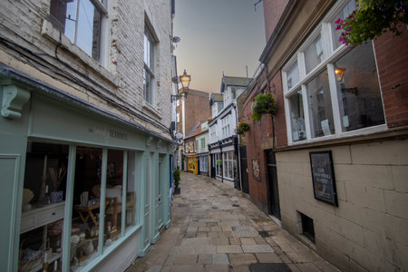 The narrow historic streets of Whitby in North Yorkshire, UKのeditorial素材