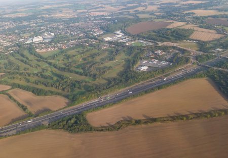 An aerial view of Birchanger Services on the M11 in Essex, UK