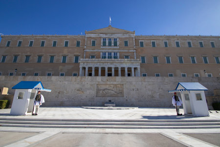The Presidential Guards by the Tomb of the Unknown Soldier in Syntagma Square, Athens, Greece.