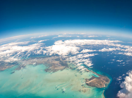 An aerial view of the Turks and Caicos Islands from an airplane windowの写真素材