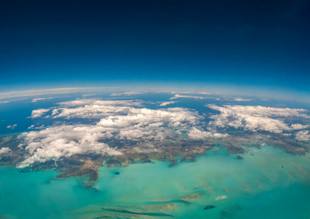 An aerial view of the Turks and Caicos Islands from an airplane windowの写真素材