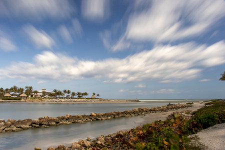 A long exposure photo at Jupiter Inlet in Florida, USAの写真素材