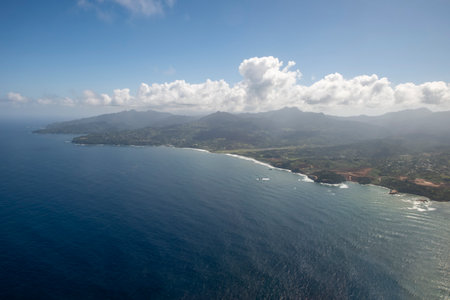 An aerial view of the coastline of Dominicaの写真素材