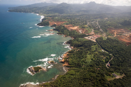 An aerial view of the coastline of Dominicaの写真素材