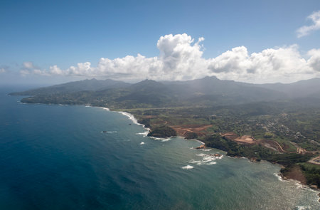 An aerial view of the coastline of Dominicaの写真素材