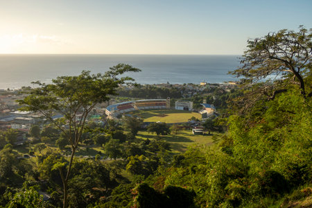 Looking down on the Windsor Park Sports Stadium in Roseau, Dominicaの写真素材