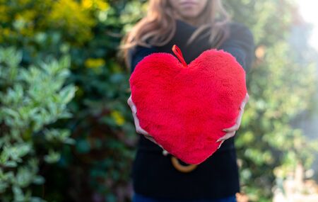 young woman offering her heart,love and valentine. concept health careの写真素材
