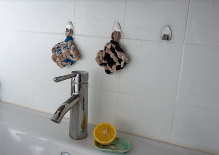 Tawashi reusable sponge and cut lemon in bathroom for cleaning zero waste .eco freindly.