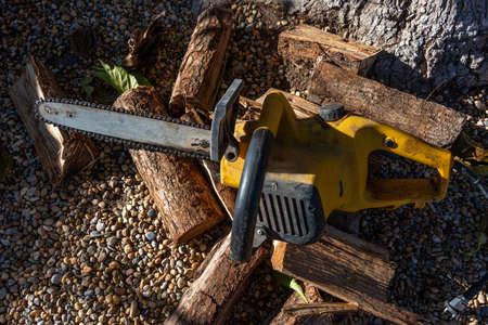 old dirty electric chainsaw on wooden logs in garden.の写真素材