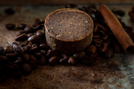 exfoliating coffee soap on a pile of coffee beans, skin care.の写真素材