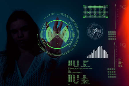 Businesswoman pressing button on virtual screen. woman pointing on futuristic screen. Innovation technology metaverse and business concept. Space for text. Abstract background. .の写真素材