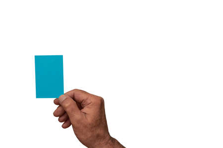 male hand holding blank blue business card mock up against white background ,copy space .の写真素材