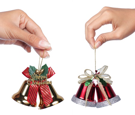 red and gold christmas bells with christmas ribbon bow decorationsの写真素材