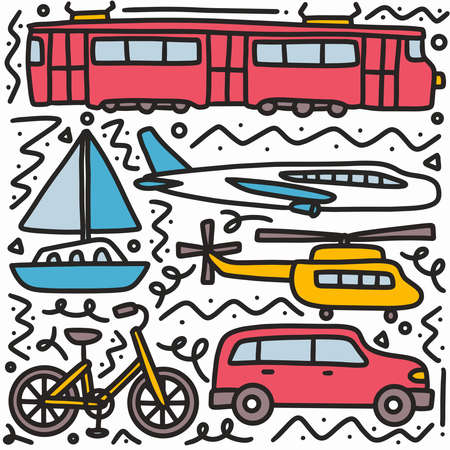 doodle set of transportation hand drawingのイラスト素材