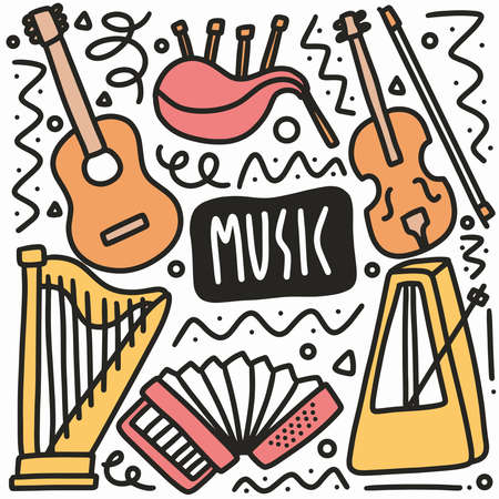 hand drawn music instrumen doodle setのイラスト素材