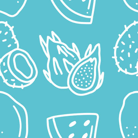 pattern of dragon fruit around various fruits doodleのイラスト素材