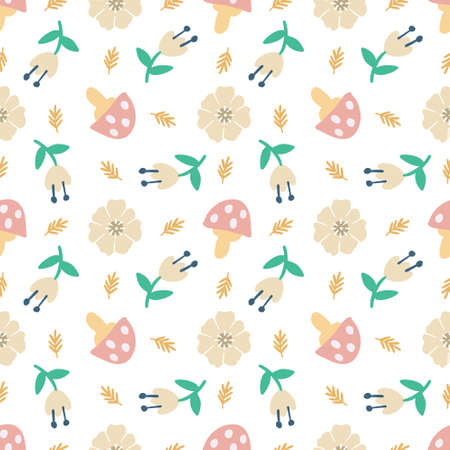 outline sketch of a mushroom and flowersのイラスト素材