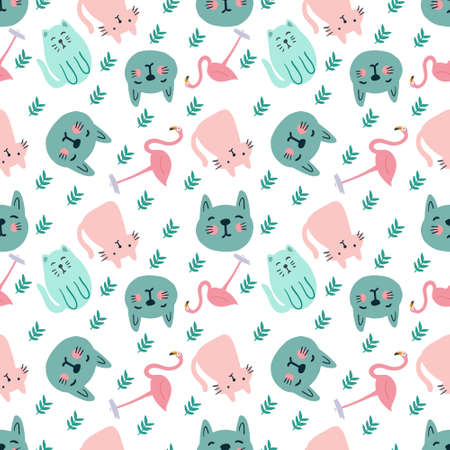colorful seamless vector pattern with cute animals and leaf on the backgroundのイラスト素材