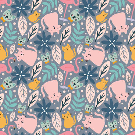 outline sketch of cat animals and leaf with icons and design elements colorのイラスト素材