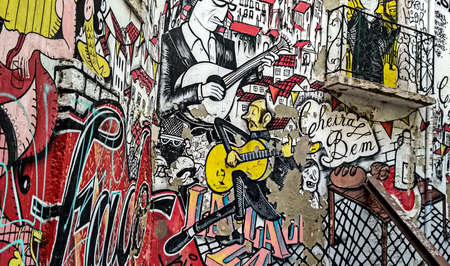 Wall painting on the exterior of a traditional Portuguese house in the historic center of Lisbonのeditorial素材
