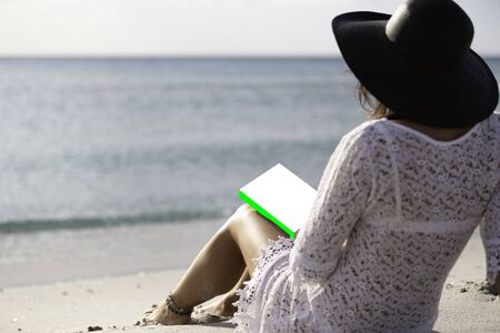 Young woman dressed in a white lace dress, white underwear and big black hat from behind sitting by the sea holding a book with blank cover on her legsの写真素材